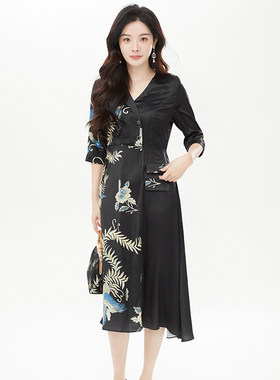 「例」高端LK0A0010拼色图案中长裙可开扣裙子连衣裙女3.3春