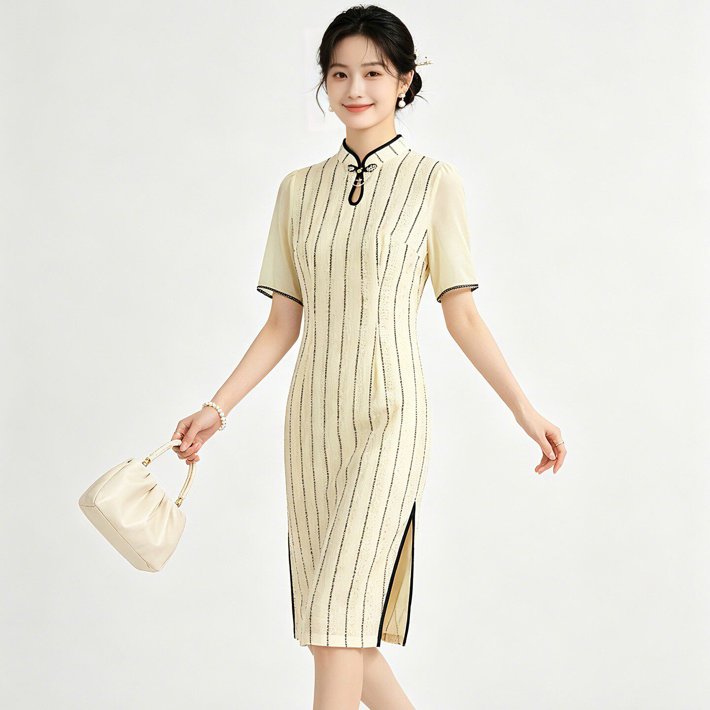 高端XZ0Y0047条纹款蕾丝拼接钉珠领裙子旗袍女5.13夏