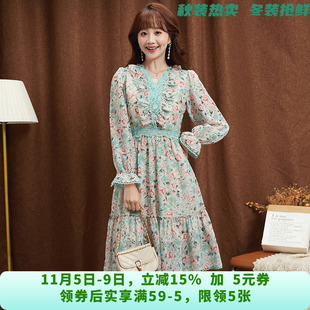 深圳南油NY0A0125田园风印花中长裙连衣裙女7.21秋