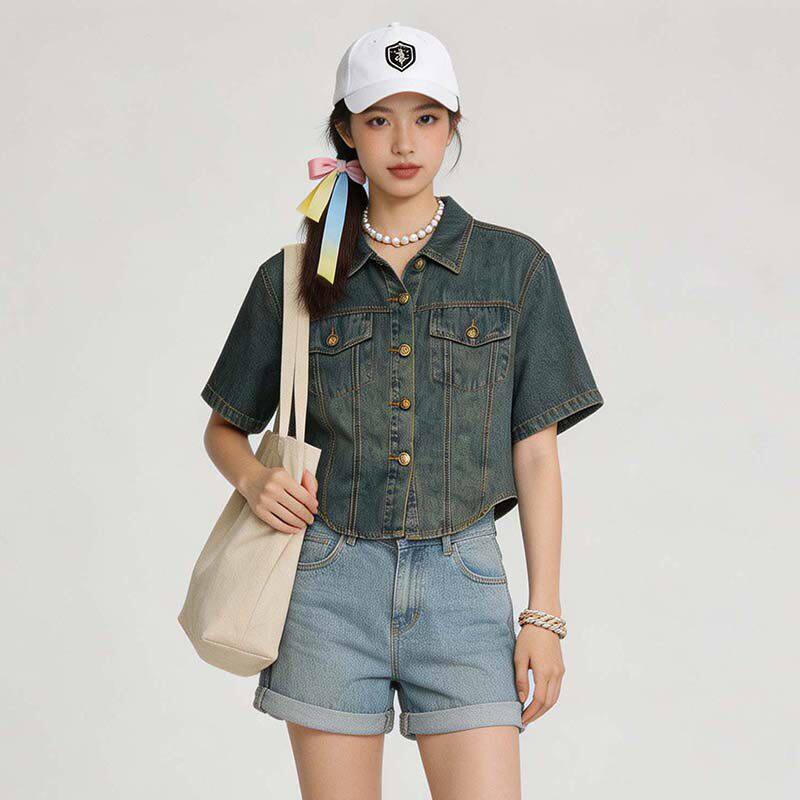 MM0K0001小个子减龄单排扣短袖上衣短款外套女6.7夏