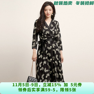 KB0A0001雅致印花中长裙高腰裙子连衣裙女7.21秋