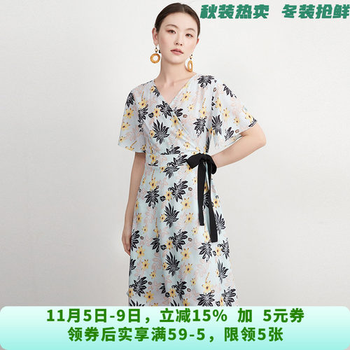 QY0A0085端庄优雅中裙印花短袖裙子连衣裙女6.4夏