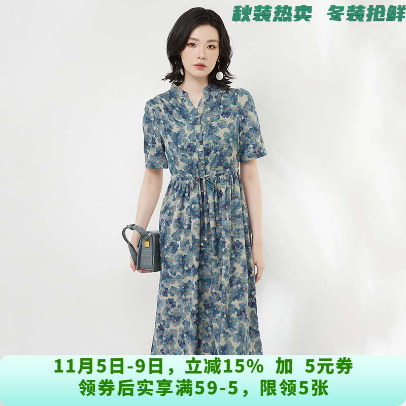 怡人碎花中长裙短袖裙子