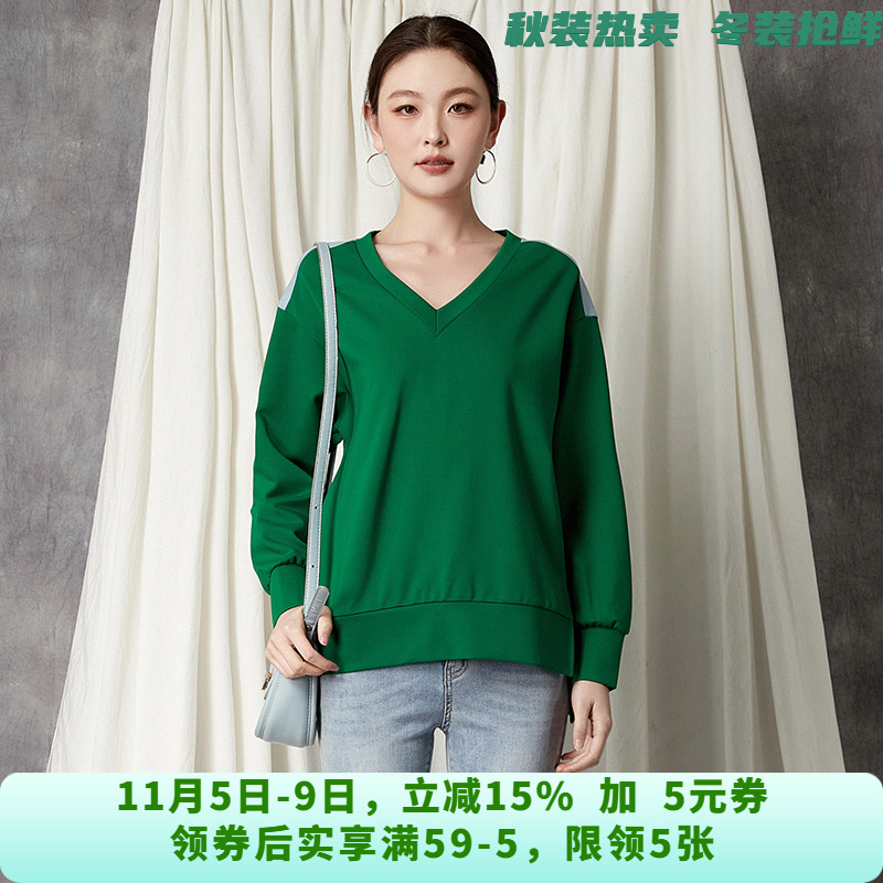 YC0L0007美式休闲拼色上衣套头中长款卫衣女8.27秋