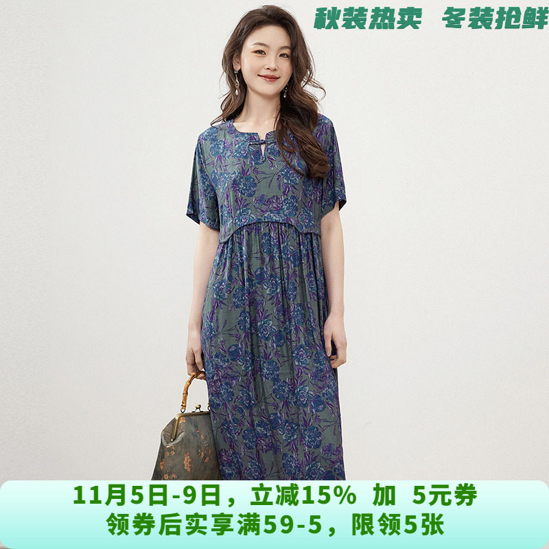 RJ0A0007文艺复古中长裙妈妈装裙子连衣裙女6.5夏