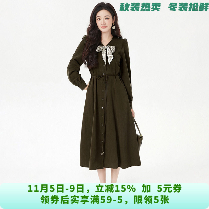 RU0A0050系领带中长裙单排扣裙子连衣裙女9.29秋