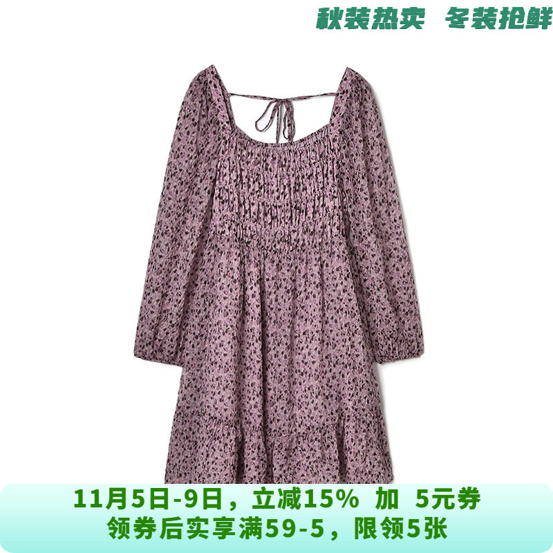 高端EU0A0004松紧腰碎花套头中裙连衣裙女11.10秋
