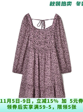 高端EU0A0004松紧腰碎花套头中裙连衣裙女11.10秋