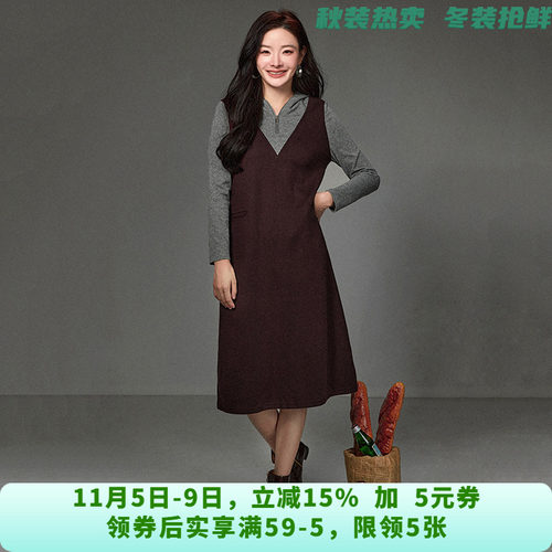 ZK0A0002拼接设计中长裙连帽裙子连衣裙女10.12冬