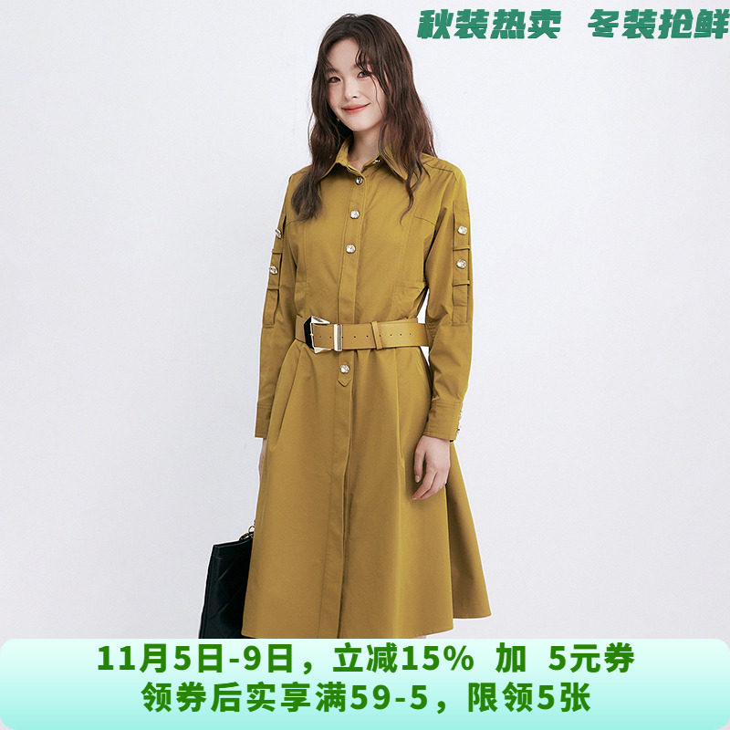 RU0A0018系腰带中裙单排扣长袖裙子连衣裙女10.2秋