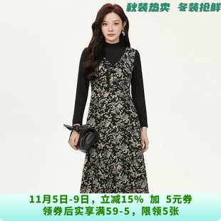 ZK0A0011撞色印花中长裙微弹裙子连衣裙女7.7秋