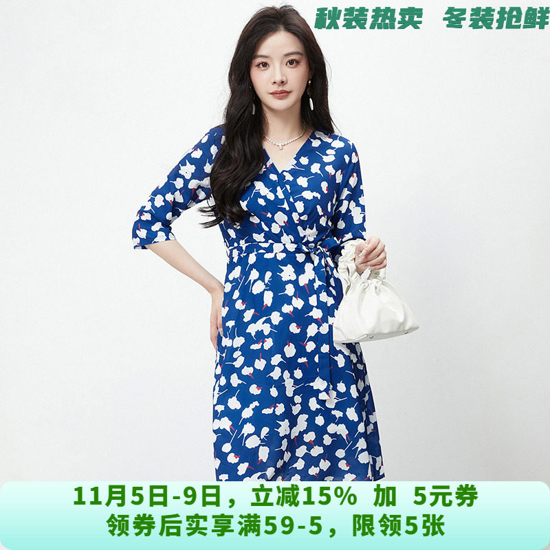 QY0A0022时髦碎花中裙七分袖裙子连衣裙女8.20秋