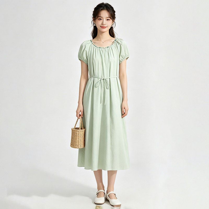 ZU0A0025休闲松弛感裙子中腰短袖连衣裙女5.1夏