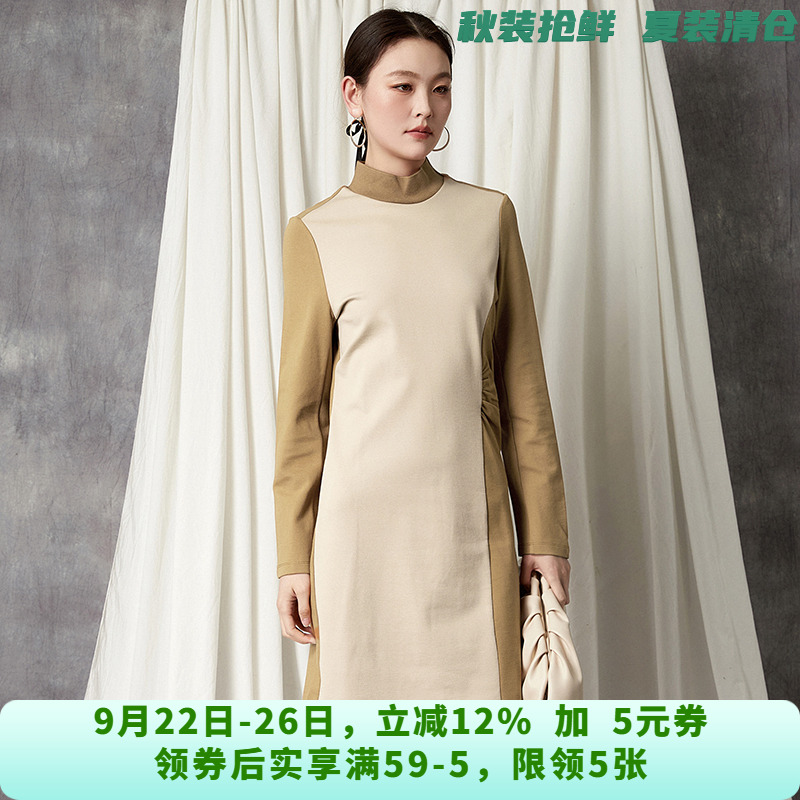YC0A0001撞色拼接中裙套头长袖裙子连衣裙女8.20秋