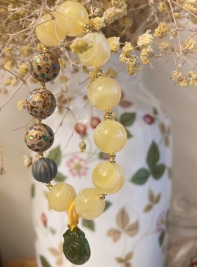 精工款四宝蜜蜡盐源玛瑙碧玺螺钿镶嵌大漆珠手链