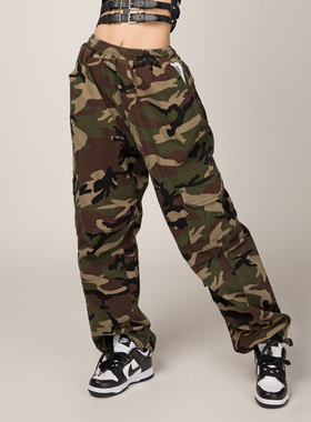 BOUNCING ACE秋冬新款直筒迷彩工装裤加肥嘻哈HIPHOP街舞JAZZ长裤