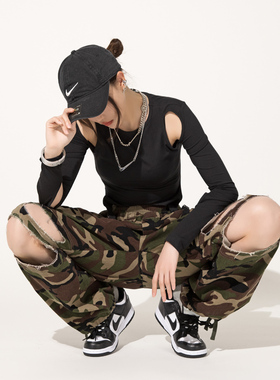 BOUNCING ACE嘻哈直筒高腰加肥破洞迷彩裤HIPHOP街舞工装jazz女裤
