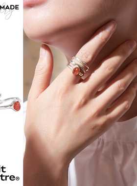 PetitQuatre原创设计手工金草莓宝石银饰戒指两件套情侣轻奢小众