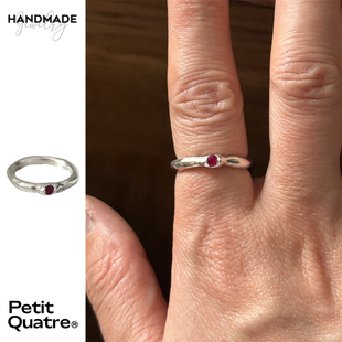 petitquatre纯手工制通体925银红宝石不规则基础戒指男女同款轻奢