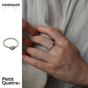 PetitQuatre纯手工制通体999银复古小花戒指小众原创设计镂空简约