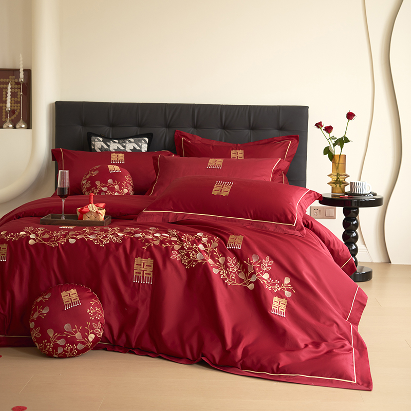 新款长绒棉贡缎可裸睡四件套婚庆大红色刺绣套件全棉纯棉床上用品