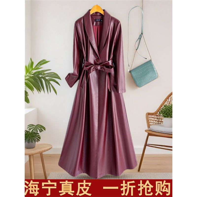高奢海宁真皮皮衣女中长款女新款系带修身过膝气质绵羊皮风衣外套,女装/女士精品,皮衣,淘宝优惠券,粉丝福利购,淘宝优惠卷