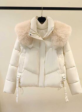 大毛领连帽羽绒棉服外套女小个子冬款短款飘带棉袄加厚面包服棉衣