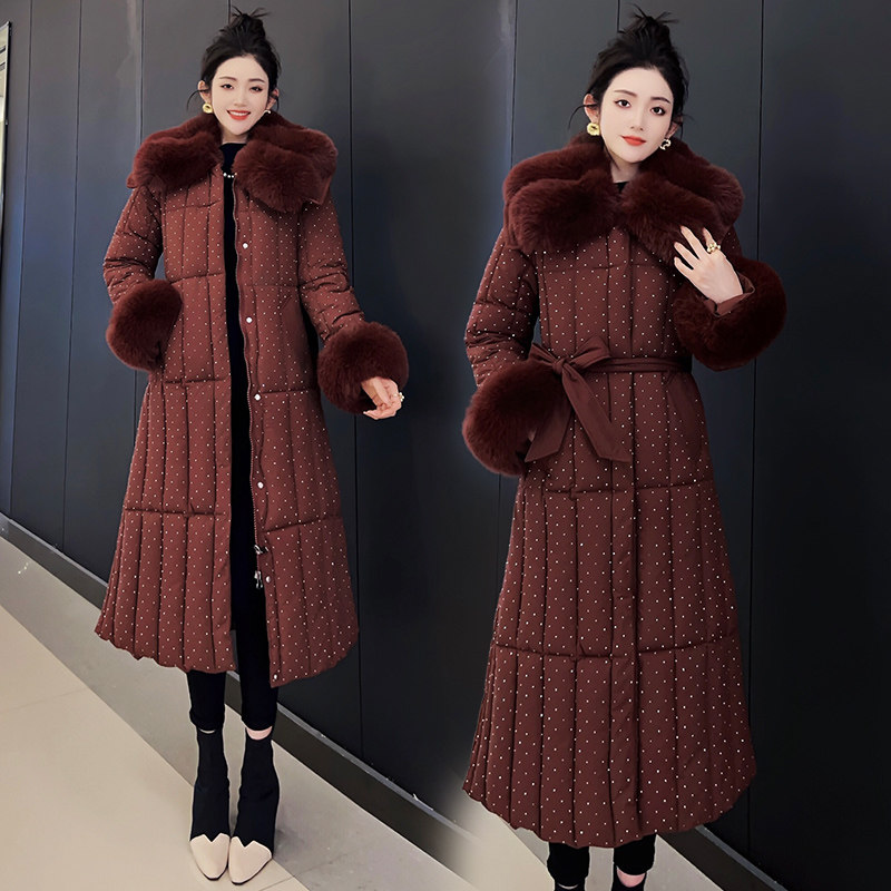 高贵长款过膝腰带修身加厚女士棉服可拆卸狐狸毛领毛袖羽绒棉服