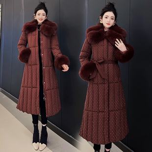 长款过膝腰带修身加厚女士棉服可拆卸狐狸毛领毛袖羽绒棉服