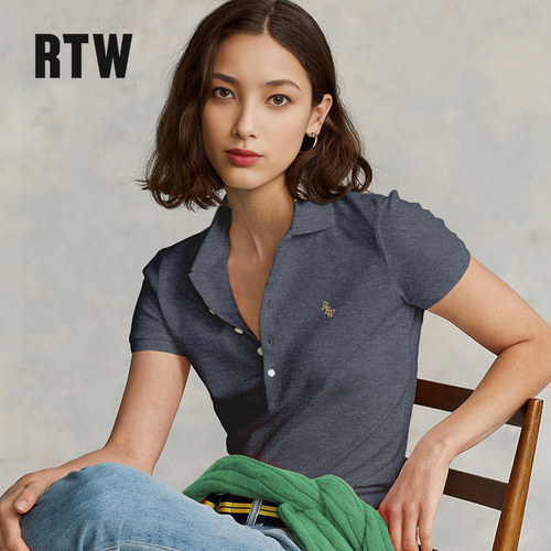 R2W美式刺绣修身五粒扣翻领短袖