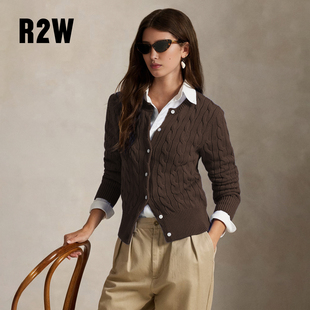 叠穿修身 经典 米色小外套 绿美式 R2W早秋复古棕麻花纯棉线针织开衫