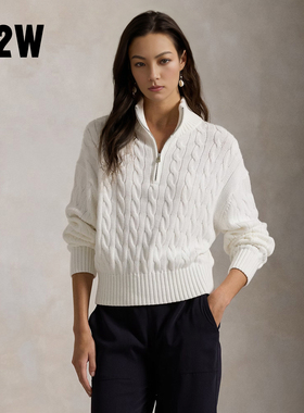 R2W早秋经典麻花棉线半拉链套头衫新慵懒风宽松上衣米白色针织衫