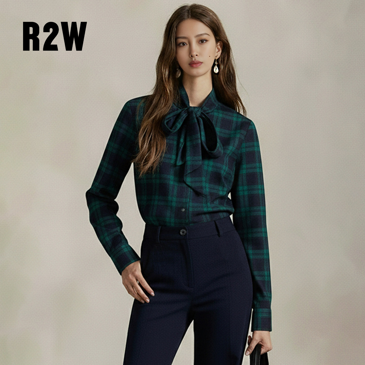 RTW美式磨毛衬衫女气质感飘带蝴蝶结复古通勤修身格子长袖春衬衣