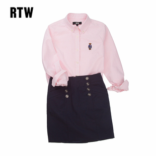 小熊粉色竖条纹长袖 衬衣蓝色牛津布修身 女美式 RTW春衬衫 外套上衣