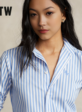 R2W美式休闲蓝色时髦衬衫女上衣条纹修身设计感通勤刺绣棉衬衣RTW