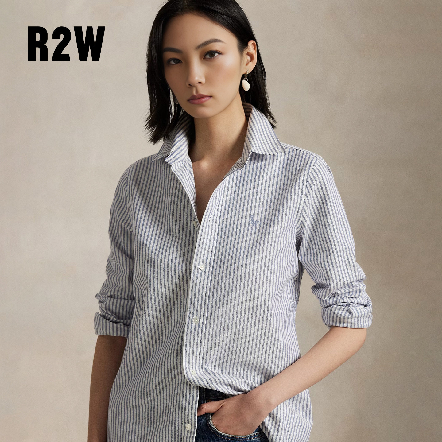 R2W秋美式经典蓝色纯棉牛津布条纹衬衫女新长袖正肩休闲通勤衬衣,女装/女士精品,衬衫,淘宝优惠券,粉丝福利购,淘宝优惠卷