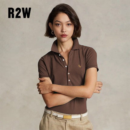 R2W美式复古摩卡棕五粒扣保罗polo衫女夏正肩职业棉弹收腰显瘦T恤