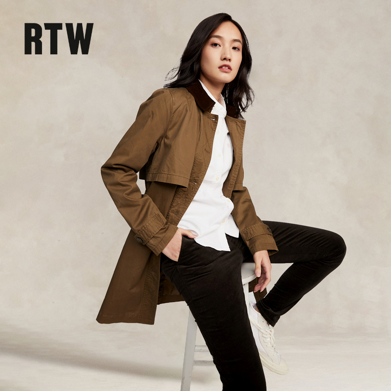 rtw英伦猎装风衣外套女春秋小个子灯芯绒翻领气质显瘦中长款大衣