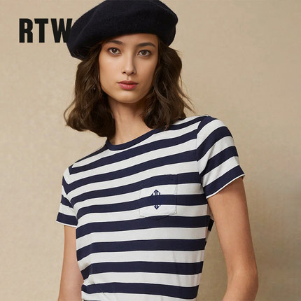 RTW条纹女t恤美式海军风夏季新款蓝白短袖正肩修身海魂衫内搭上衣