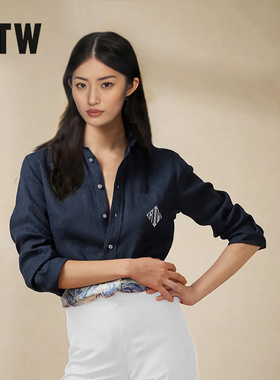 R2W美式度假藏青衬衫女夏棉麻通勤休闲白衬衣长袖薄外套叠穿上衣