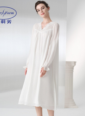 安莉芳蕾丝V领家居裙莱赛尔荷叶边袖口夏季中长款睡裙女EL01196