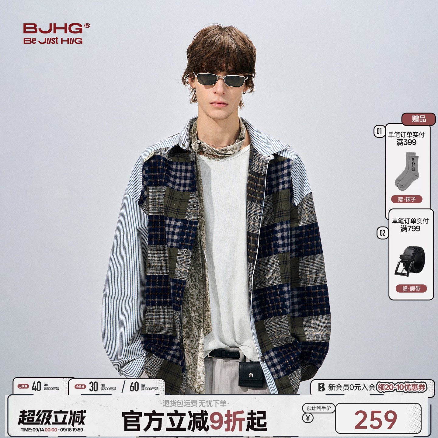 BJHG拼接条纹格子衬衫外套图片