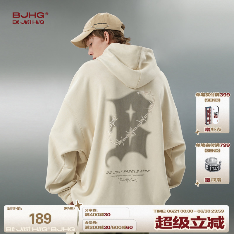 BJHG不计后果连帽卫衣男款春季衣服美式复古潮牌重磅情侣外套上衣