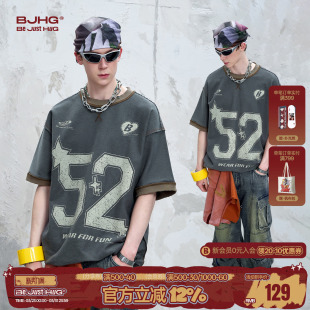 美式 纯棉复古撞色球衣情侣半袖 棒球t恤短袖 夏季 男款 BJHG不计后果