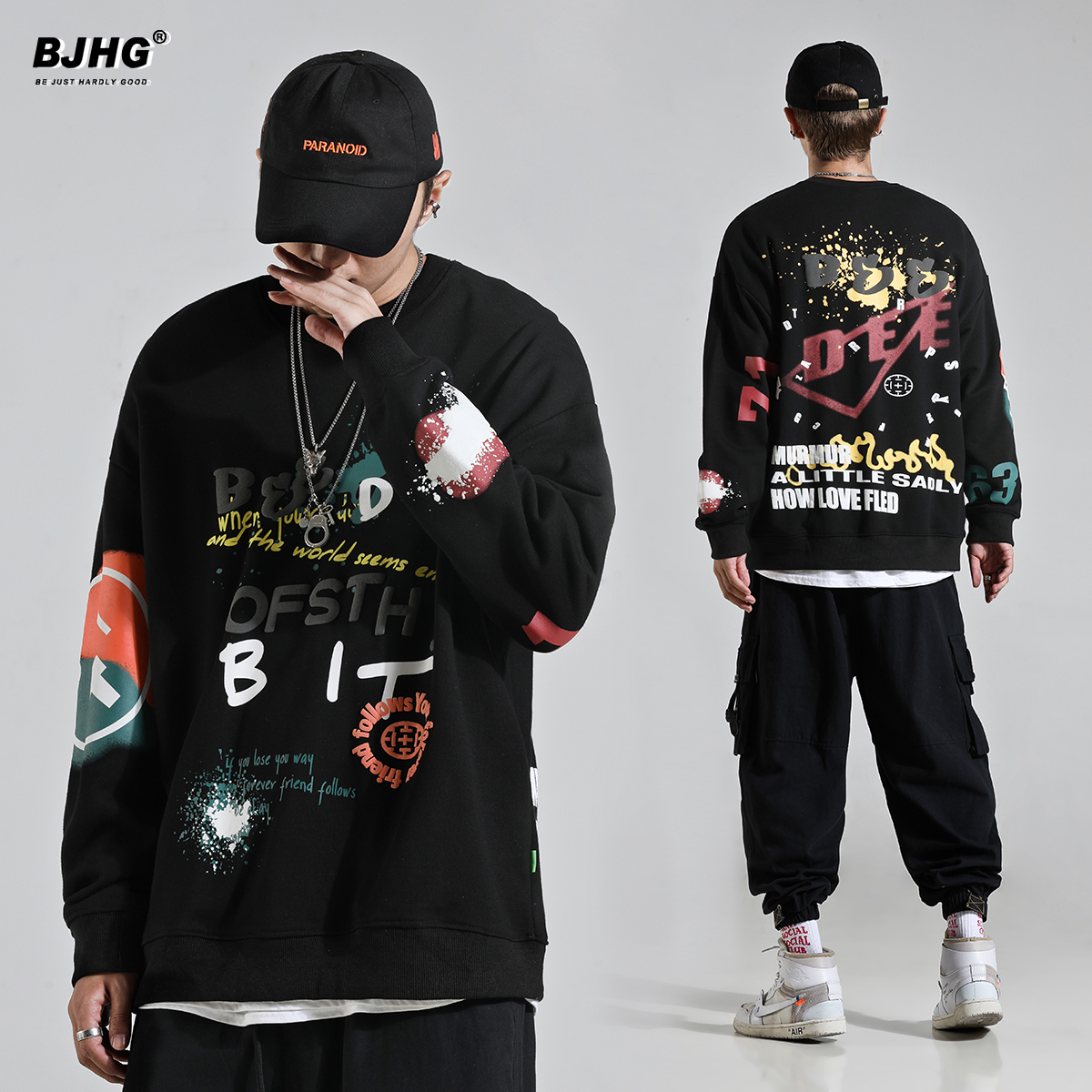 假一赔三BJHG秋季卫衣男潮牌欧美街头嘻哈HIPHOP帅气宽松圆领黑色涂鸦上衣