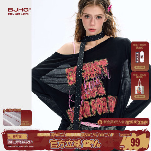 美式 BJHG不计后果 T恤女夏季 长袖 潮牌甜辣打底斜肩上衣 千禧风罩衫