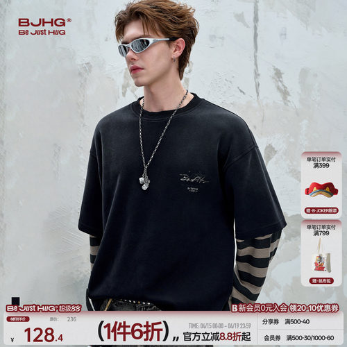 BJHG不计后果 复古假两件卫衣男款春秋美式休闲宽松长袖t恤上衣女
