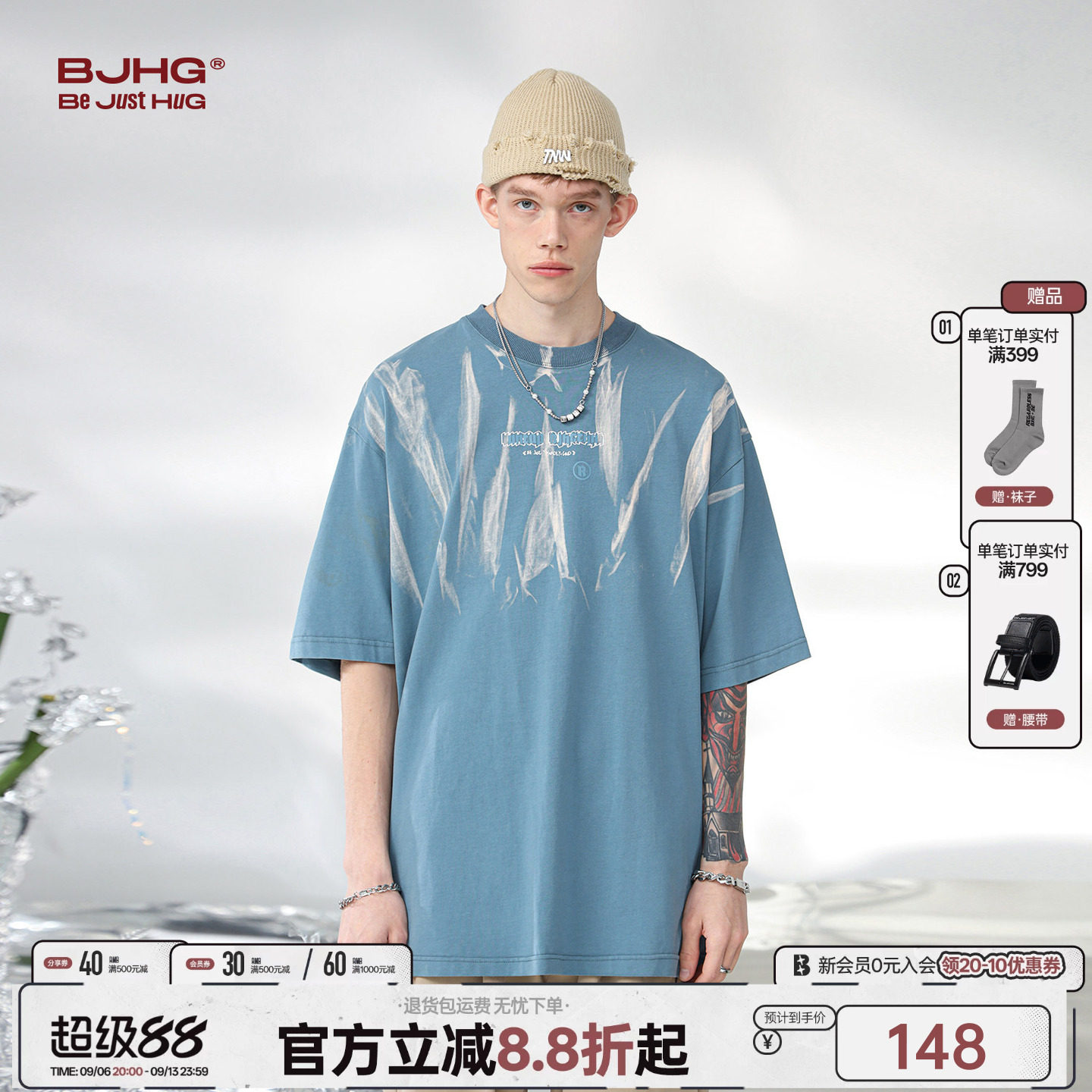 BJHG纯棉撞色扎染印花短袖图片