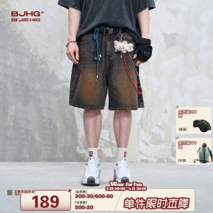 BJHG不计后果美式牛仔短裤男女夏季潮牌复古做旧直筒宽松五分裤子