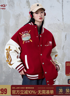 BJHG不计后果新年红色棒球服男款春季潮牌夹克外套美式情侣棒球服